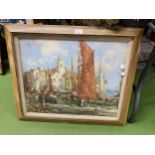 A LARGE GILT FRAMED PRINT OF A BOATING SCENE, UNSIGNED