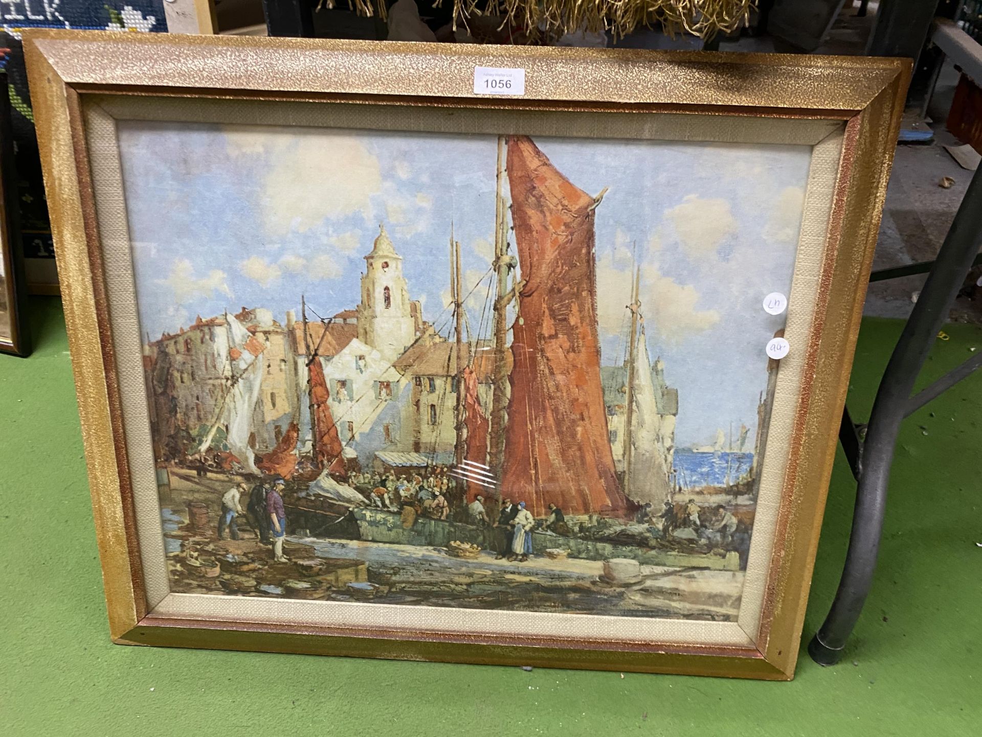 A LARGE GILT FRAMED PRINT OF A BOATING SCENE, UNSIGNED