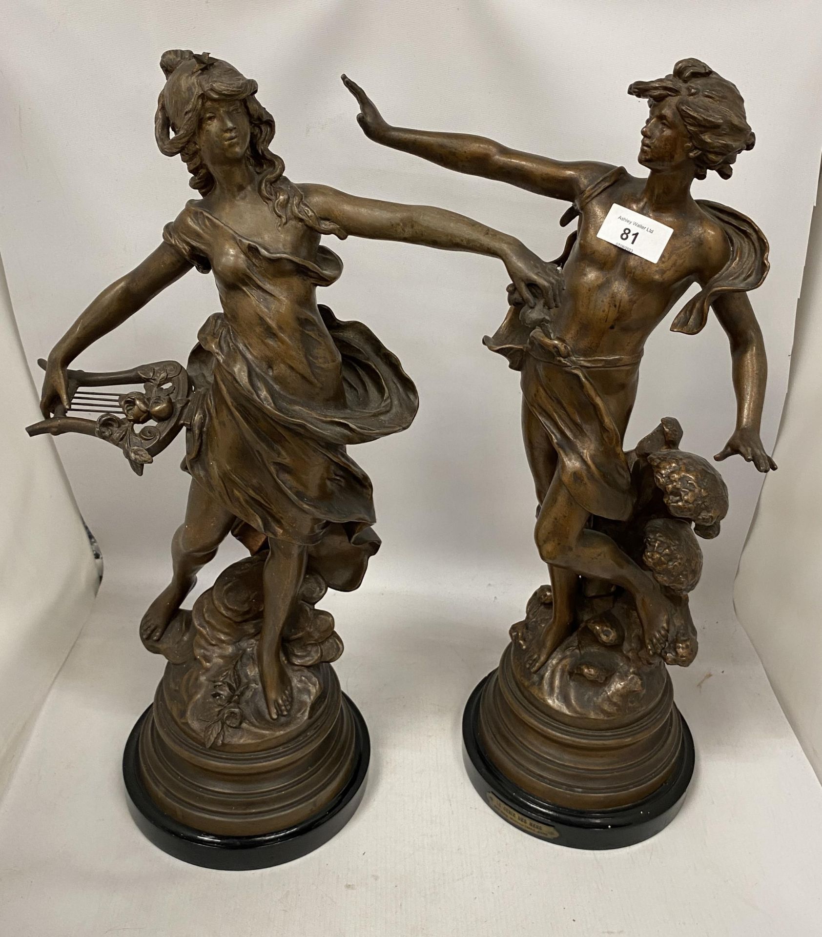 A PAIR OF VINTAGE SPELTER CLASSIC FIGURES, HEIGHT 54CM