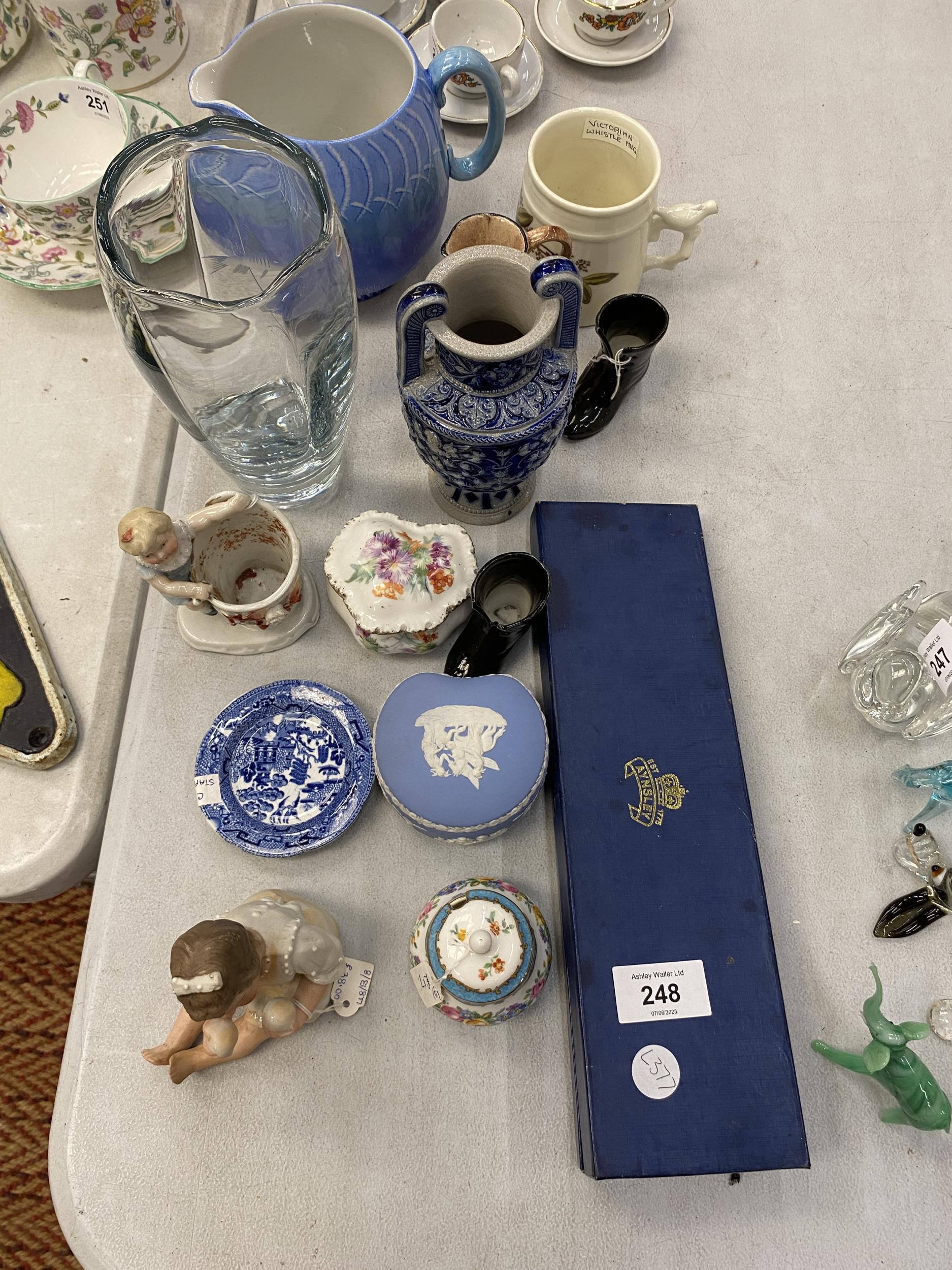 A MIXED LOT TO INCLUDE A SHELLEY JUG, VICTORIAN PIANO BABY, BOXED AYNSLEY KNIFE, TRINKET BOXES,