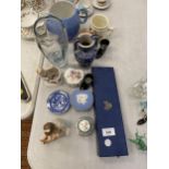 A MIXED LOT TO INCLUDE A SHELLEY JUG, VICTORIAN PIANO BABY, BOXED AYNSLEY KNIFE, TRINKET BOXES,