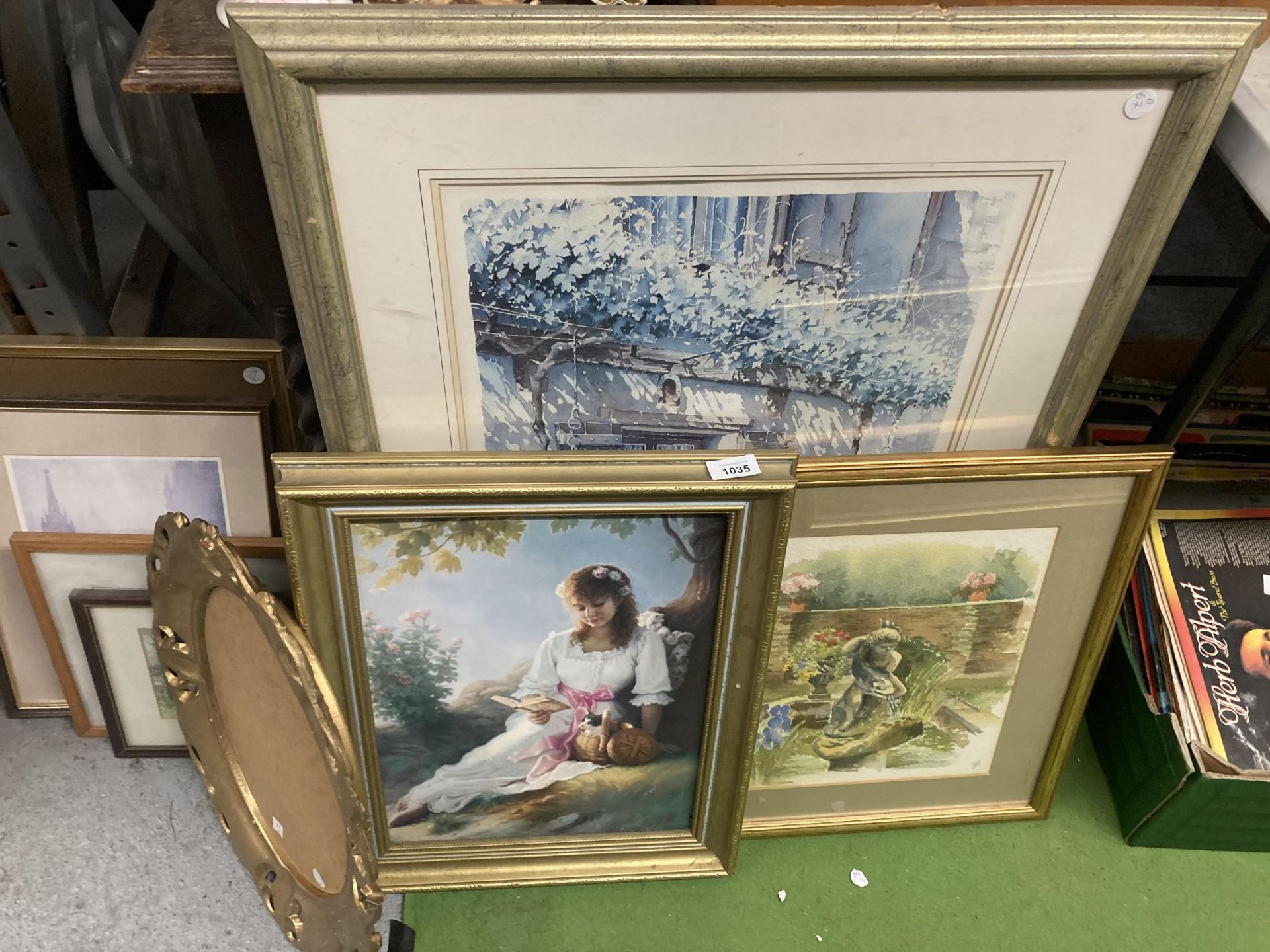 THREE FRAMED PRINTS PLUS A GILT FRAME