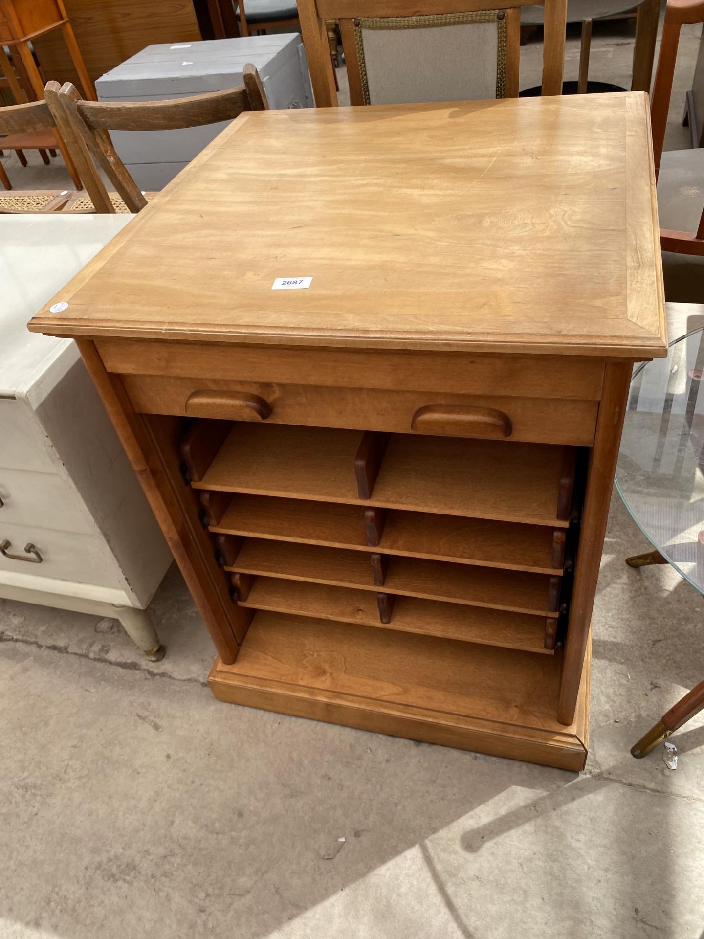 AN OFFICE FILING CHEST WITH FOUR PULL-OUT TRAYS AND TAMBOUR FRONT, 24" WIDE