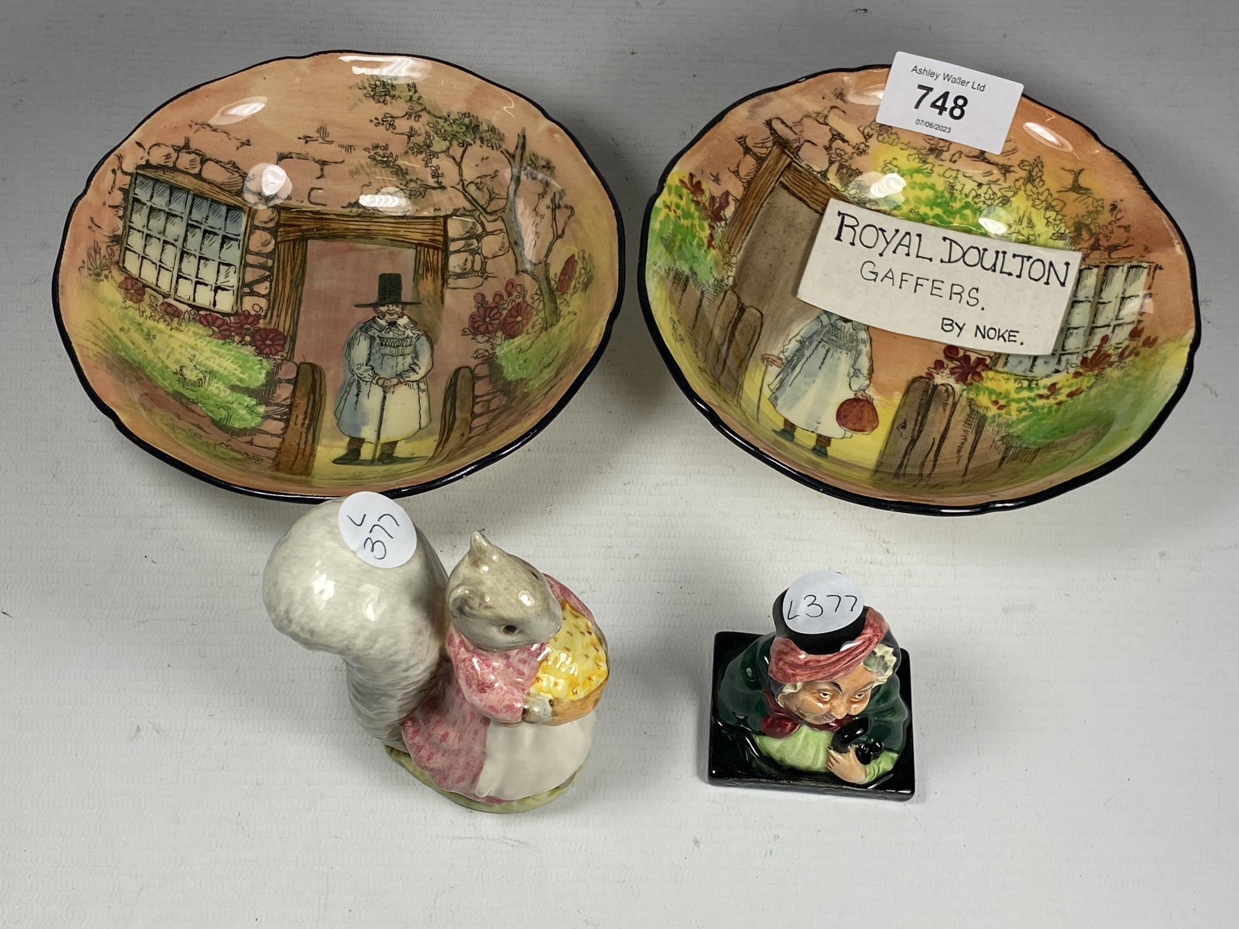 FOUR ITEMS TO INCLUDE TWO ROYAL DOULTON SERIES WARE PIECES SIGNED NOKE, WITH A BESWICK BEATRIX