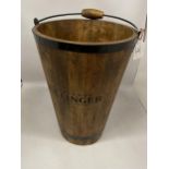 A WOODEN BOLLINGER CHAMPAGNE BUCKET WITH HANDLE, HEIGHT 40CM