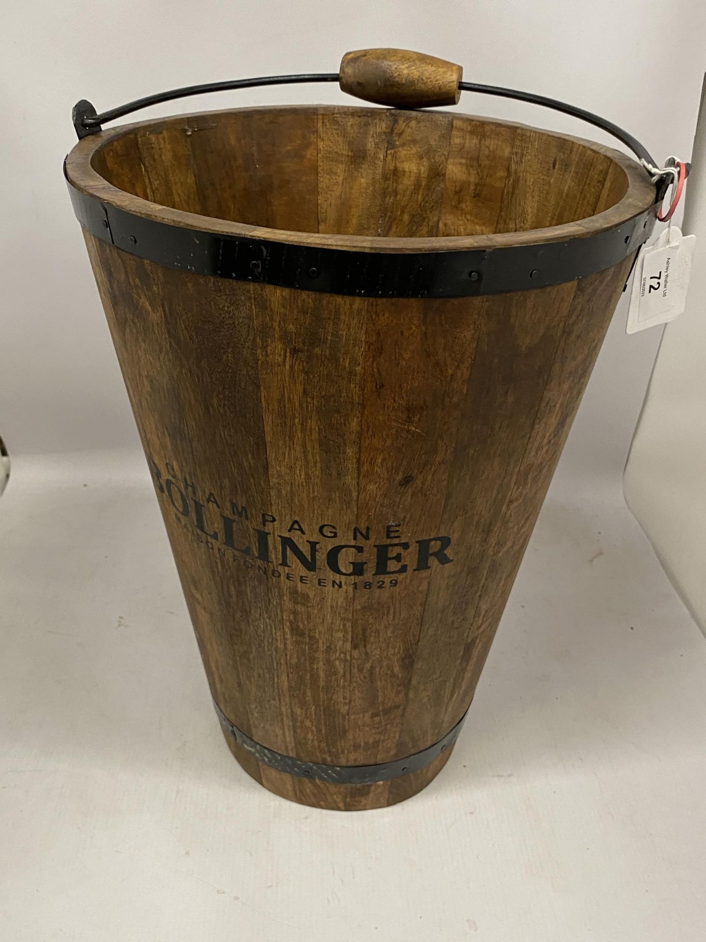 A WOODEN BOLLINGER CHAMPAGNE BUCKET WITH HANDLE, HEIGHT 40CM