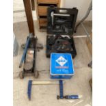 AN ASSORTMENT OF ITEMS TO INCLUDE A RIP SAW AND A TROLLEY JACK ETC