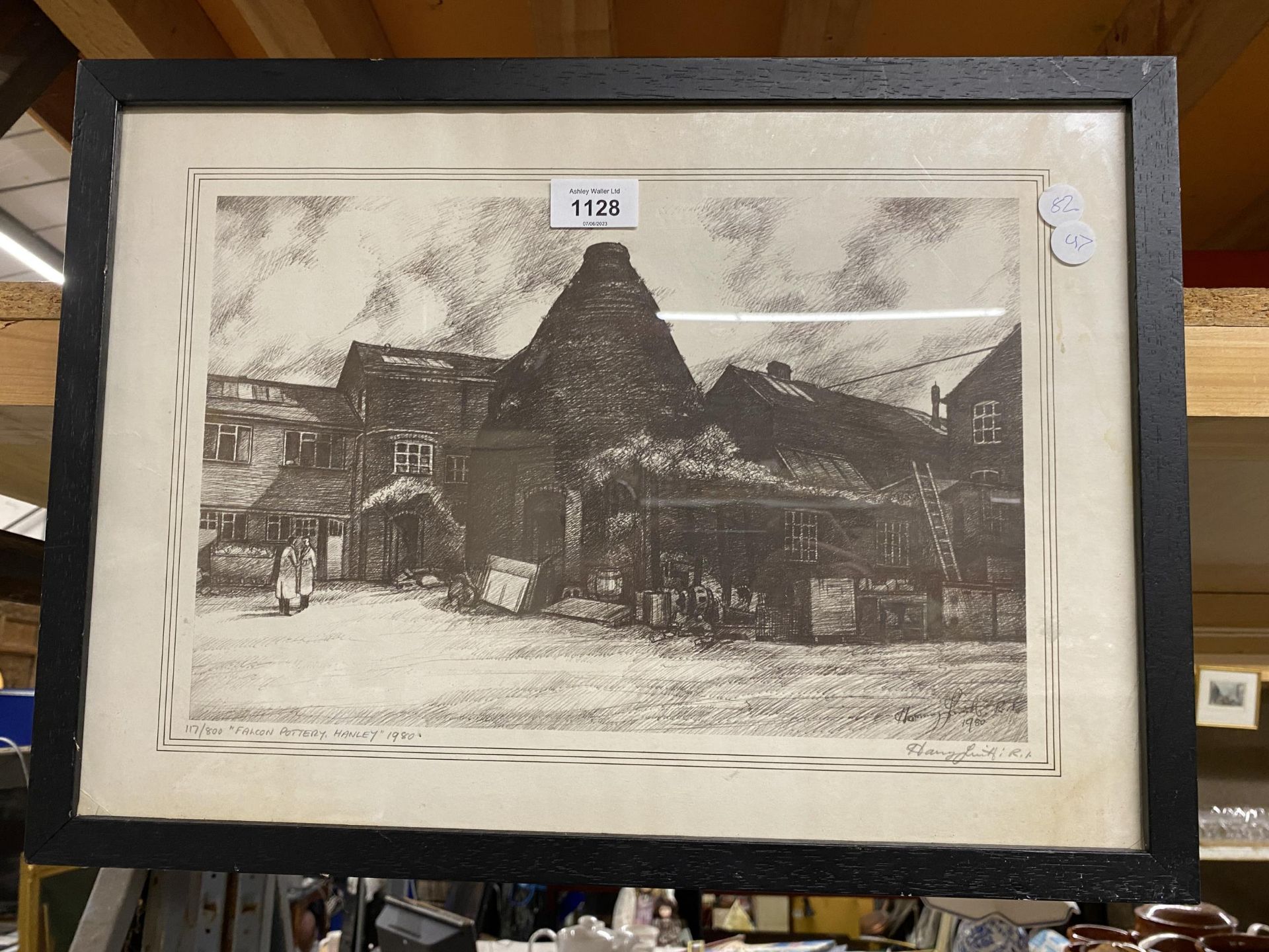 A FRAMED LIMITED EDITION SIGNED PRINT OF FALCON POTTERY, HANLEY BY HARRY SMITH RA