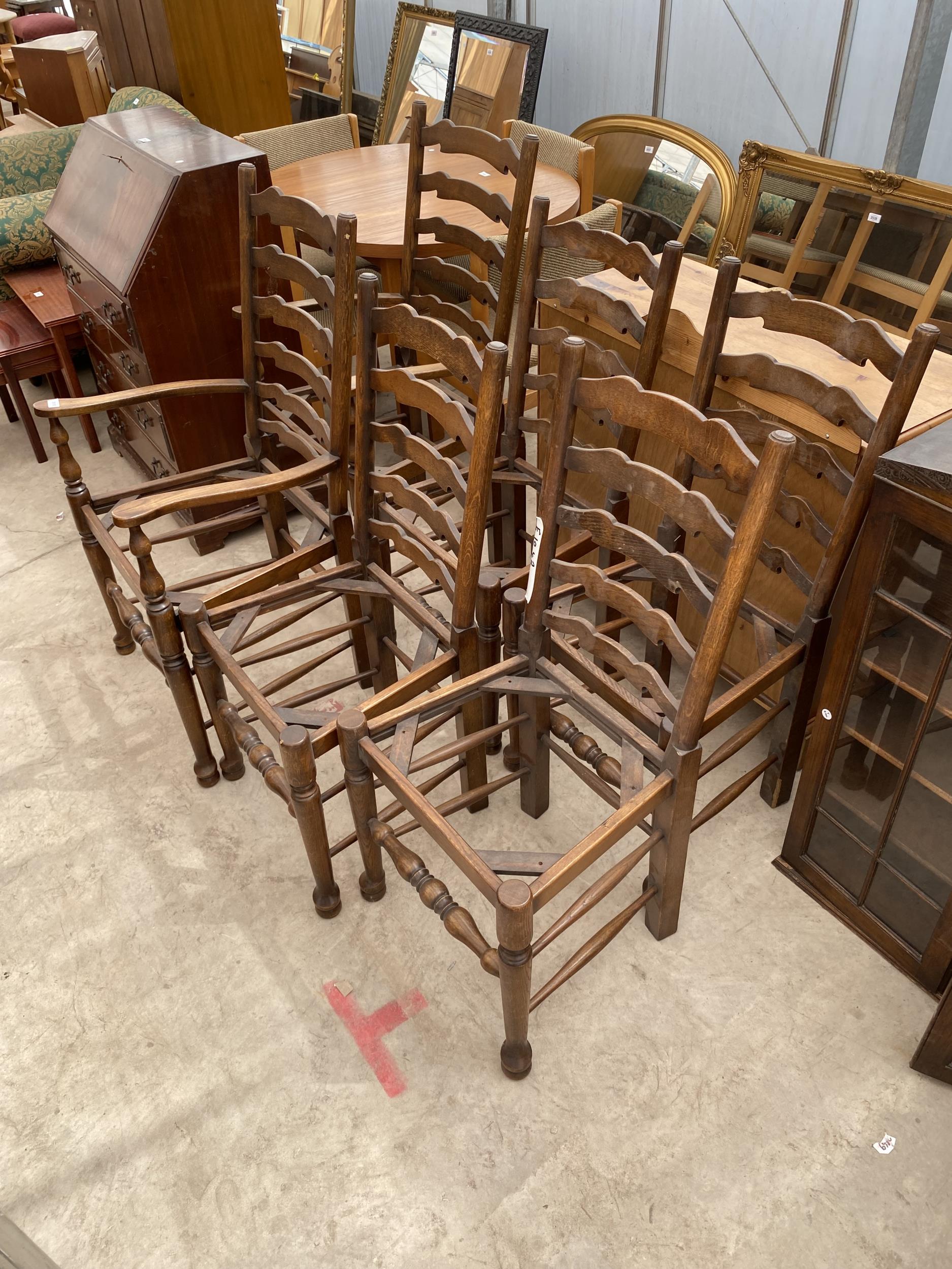 A SET OF SIX 18TH CENTURY STYLE LADDERBACK DINING CHAIRS, TWO BEING CARVERS (LACKING SEATS)