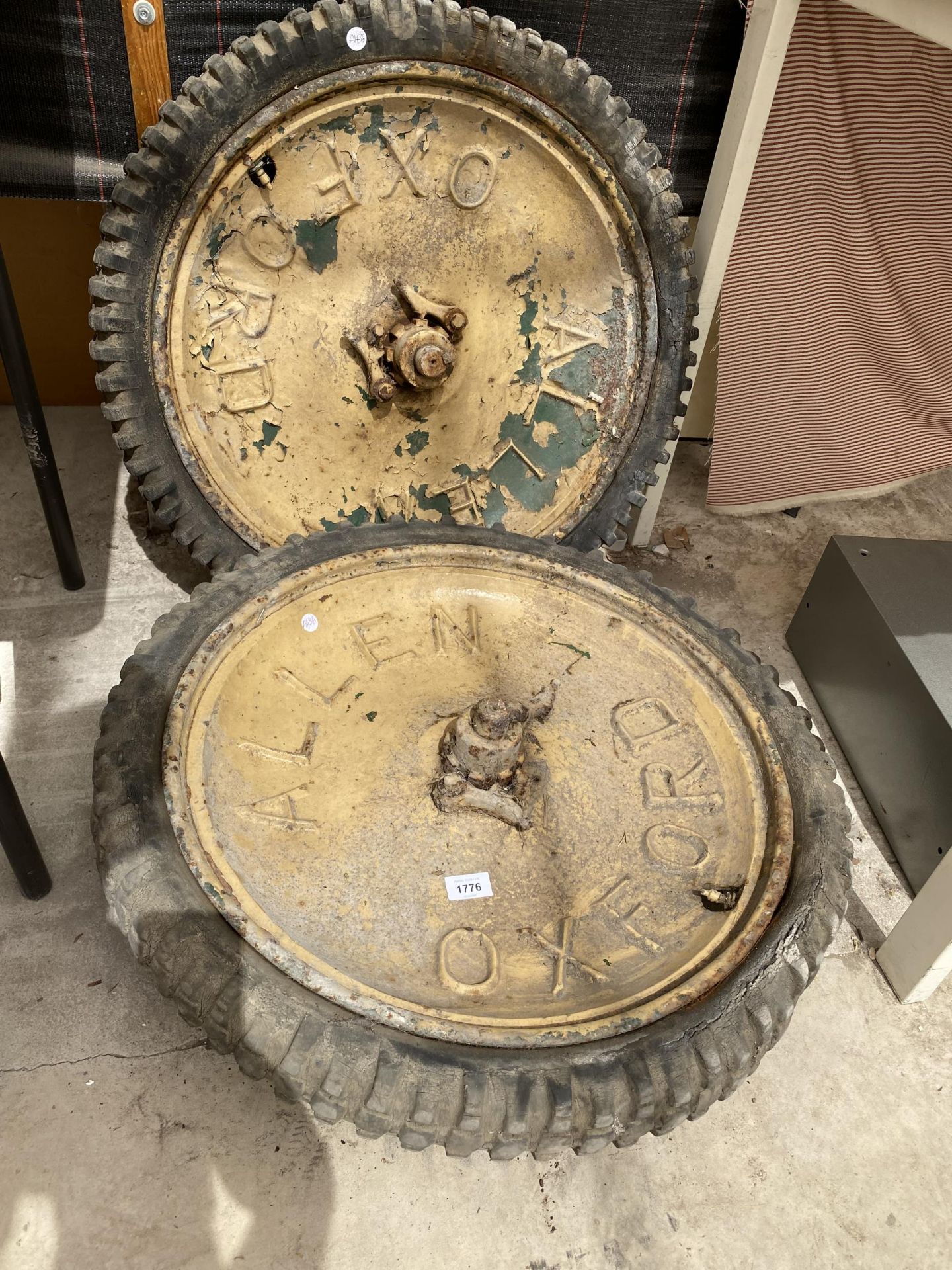 A PAIR OF VINTAGE ALLEN OXFORD IMPLEMENT WHEELS AND TYRES
