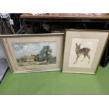 TWO ITEMS - PENCIL SIGNED PRINT OF A DOE AND SIGNED WATERCOLOUR OF A HOUSE