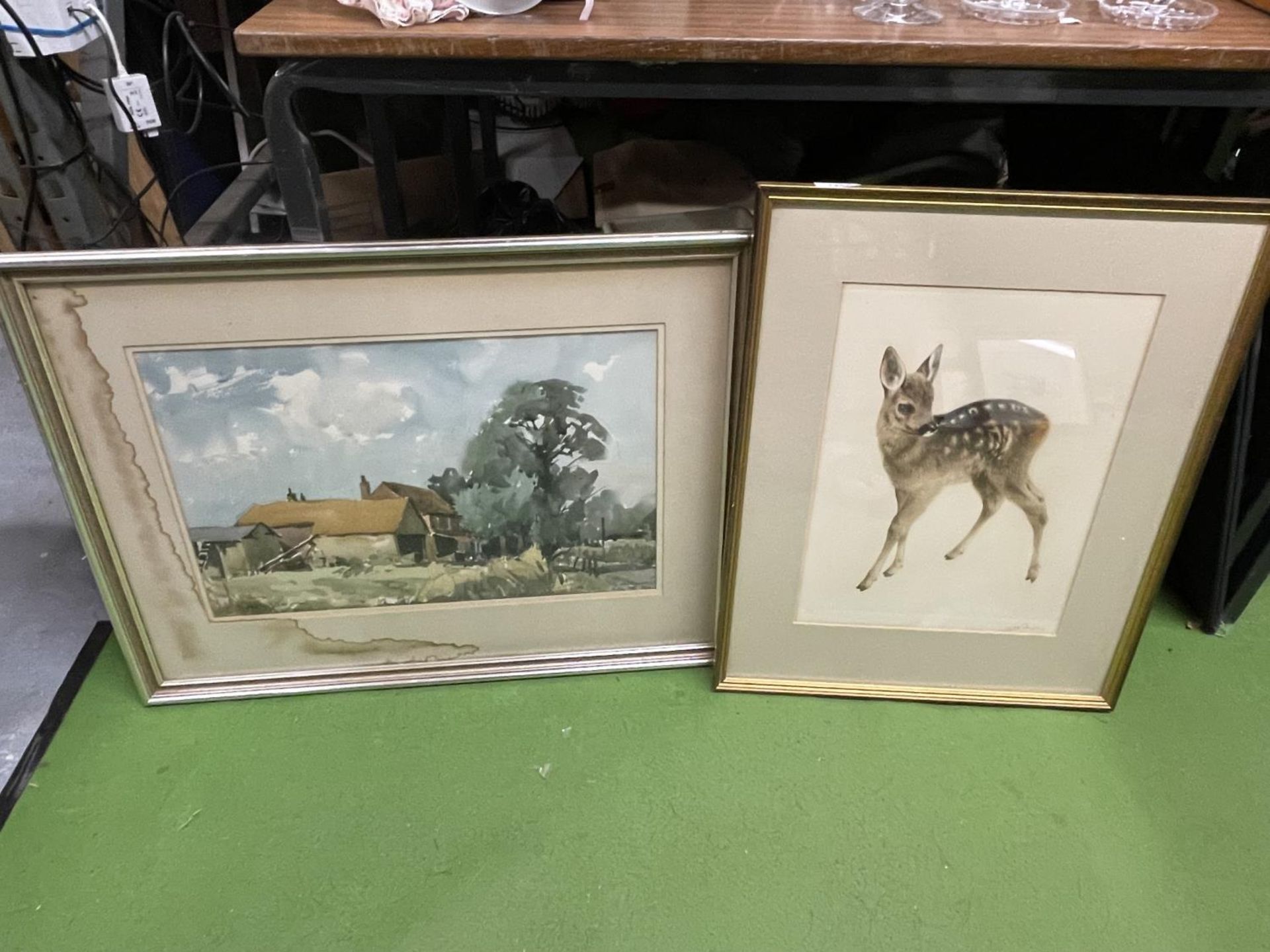 TWO ITEMS - PENCIL SIGNED PRINT OF A DOE AND SIGNED WATERCOLOUR OF A HOUSE