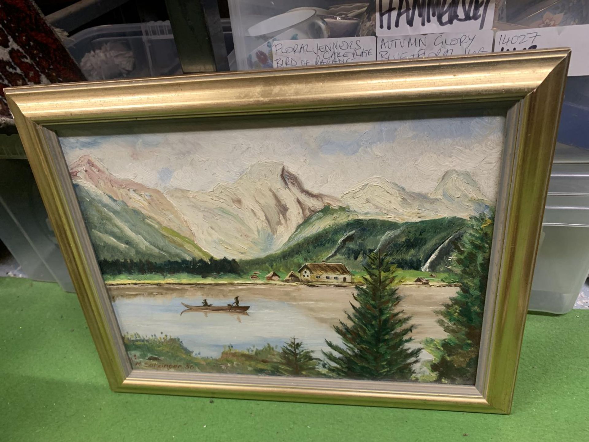 THREE OILS ON BOARD, A CRANE SIGNED M SHERLOCK, A BOAT ON A LAKE WITH MOUNTAINS SIGNED M - Image 5 of 5