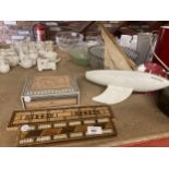 A VINTAGE POND YACHT, TWO WOODEN CRIBBAGE BOARDS AND A WOODEN BOX