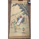 A LARGE JAPANESE TAPESTRY SCROLL WITH CALLIGRAPHY SIGNATURE TO TOP, LENGTH 141CM