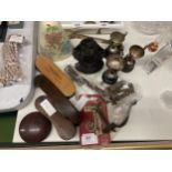 A MIXED LOT TO INCLUDE SMALL SILVER PLATED TROPHIES, WINDOW FURNITURE, TWO WALL POCKETS, ETC