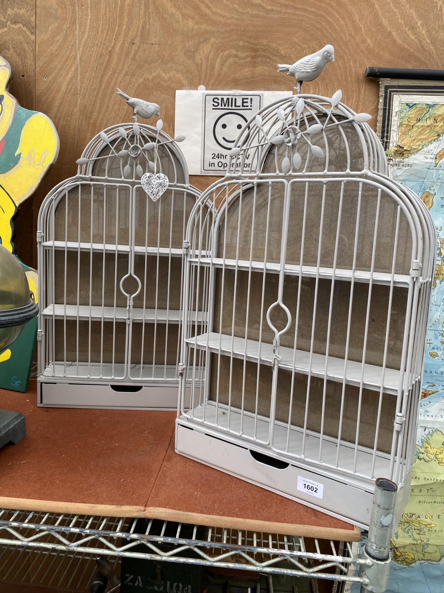 TWO METAL BIRD CAGE STYLE SHELVING UNITS