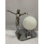 AN ART DECO CHROME LADY LAMP WITH WHITE GLASS DOME SHADE AND SPARE SHADE, HEIGHT 30CM