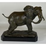 A LARGE BRONZE MODEL OF AN AFRICAN ELEPHANT ON MARBLE BASE, SIGNED BARYE, HEIGHT 29CM, LENGTH 29CM
