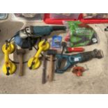 AN ASSORTMENT OF TOOLS TO INCLUDE A MAKITA ANGLE GRINDER, A MAKITA RECIPRICATING SAW AND HAMMERS ETC