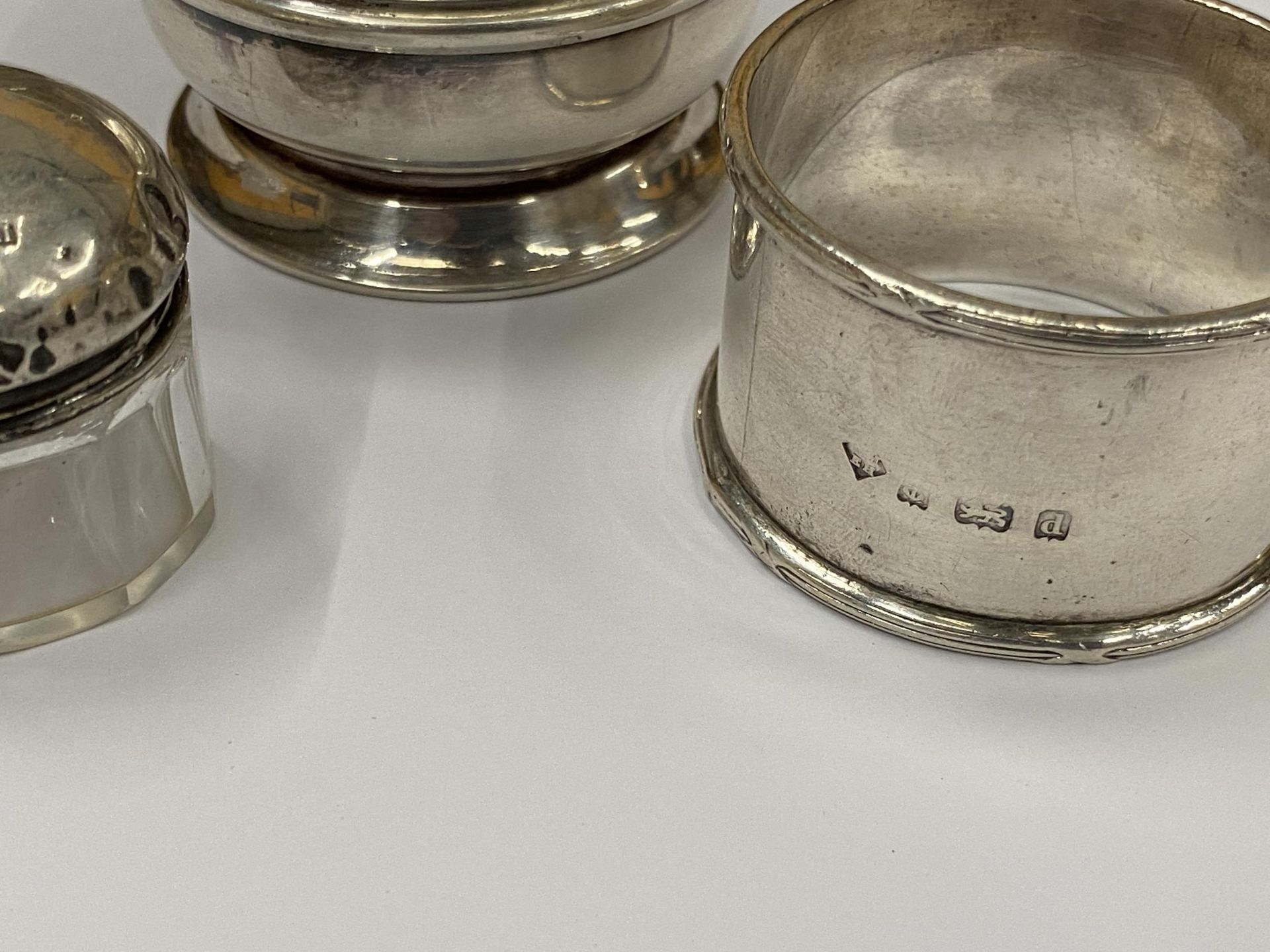 THREE PIECES OF SILVER- NAPKIN RING, GLASS AND SILVER POT AND FURTHER INKWELL - Image 2 of 3