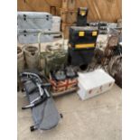 A LARGE ASSORTMENT OF ITEMS TO INCLUDE DEMI JOHNS, A TOOL BOX AND A METAL STORAGE CHEST ETC