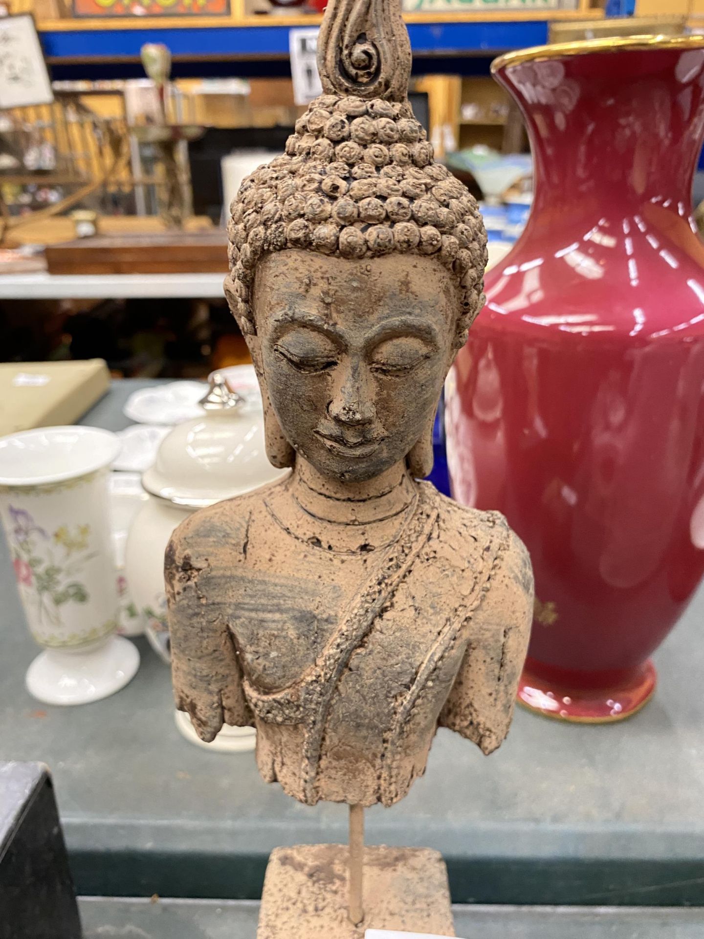 A STONEWARE BUDDAH ON A PLINTH HEIGHT 39.5CM - Image 2 of 2