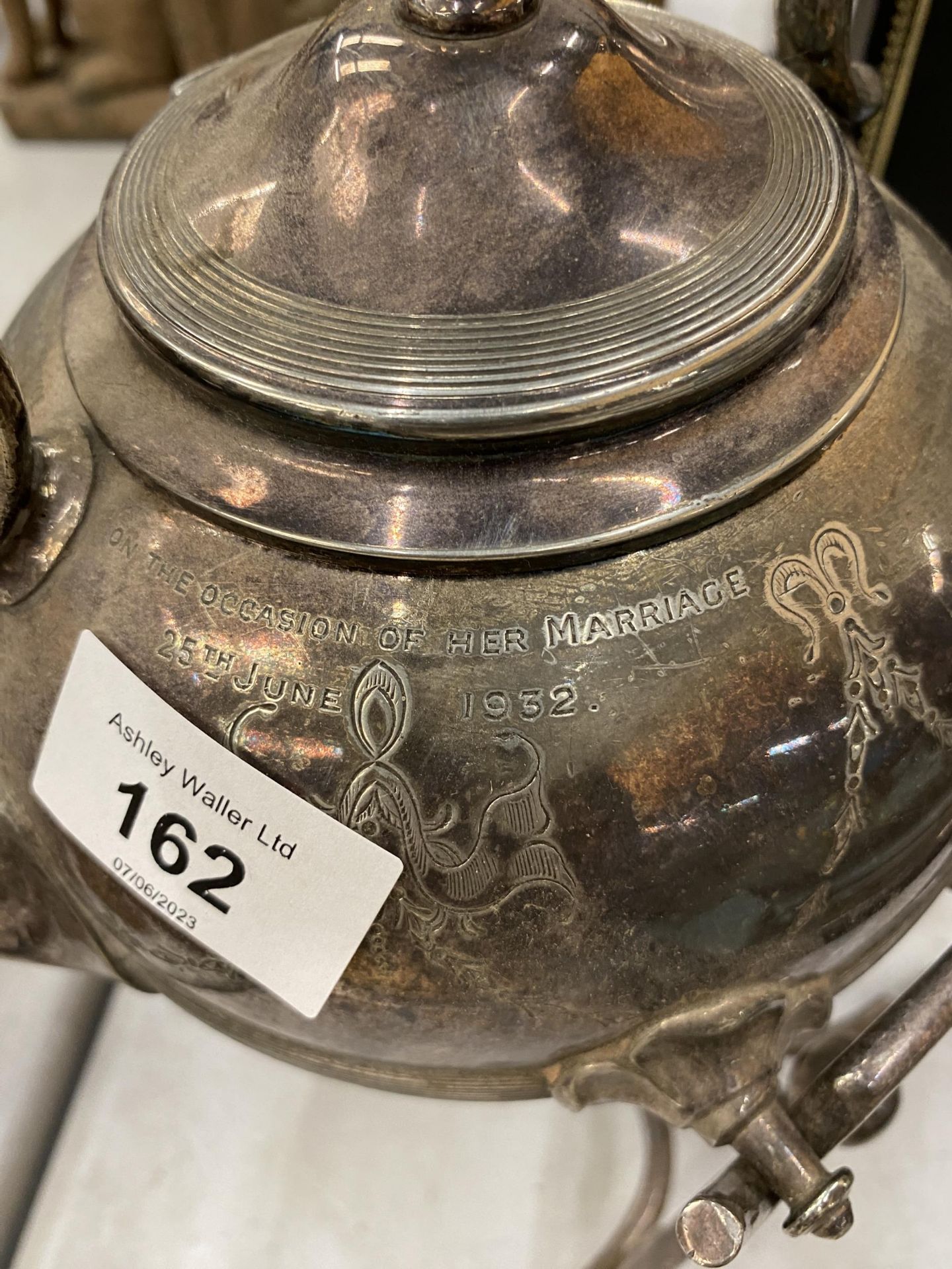 A VINTAGE SILVER PLATED SPIRIT KETTLE PRESENTED TO CAPTAIN FLORENCE M BOYCE ON THE OCCASSION OF - Image 2 of 3