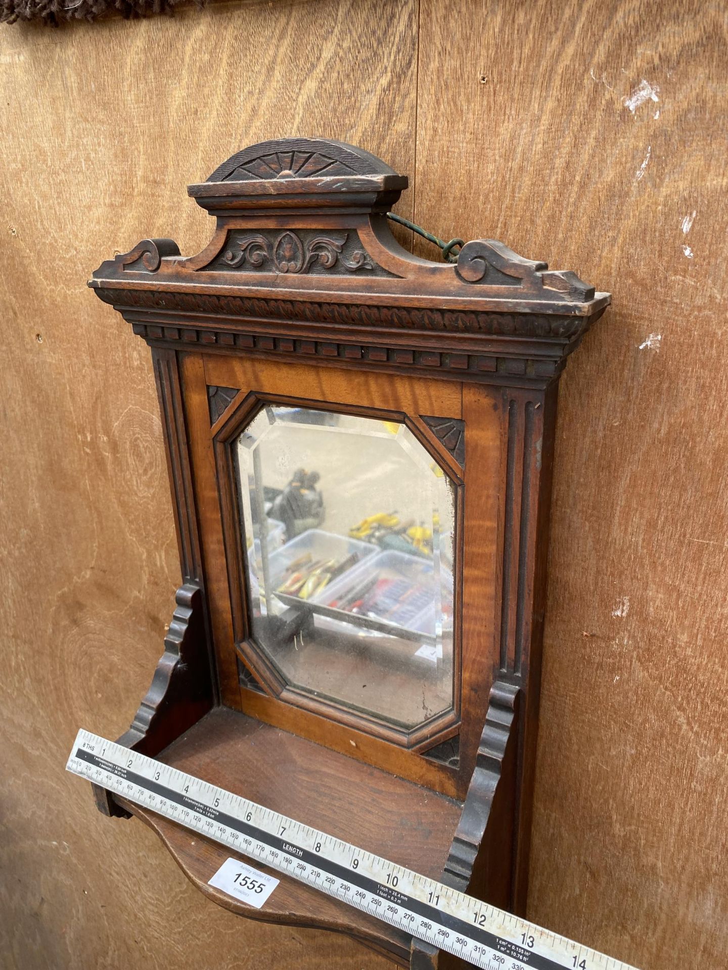 A WOODEN WALL MIRROR WITH LOWER SHELF AND FURTHER LOWER MIRROR - Image 4 of 4