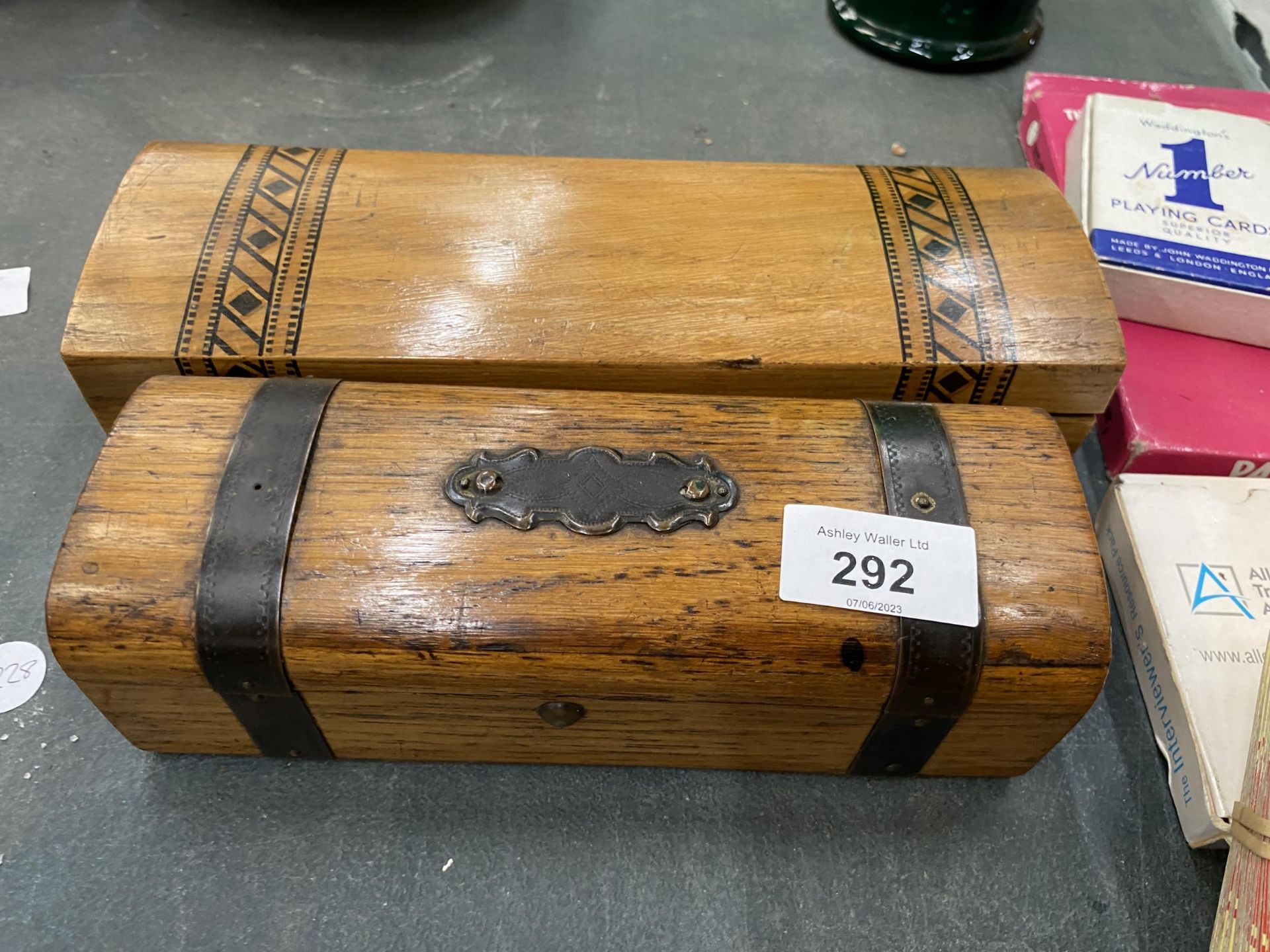 TWO VINTAGE WOODEN GLOVE BOXES - ONE INLAID AND ONE METAL BOUND
