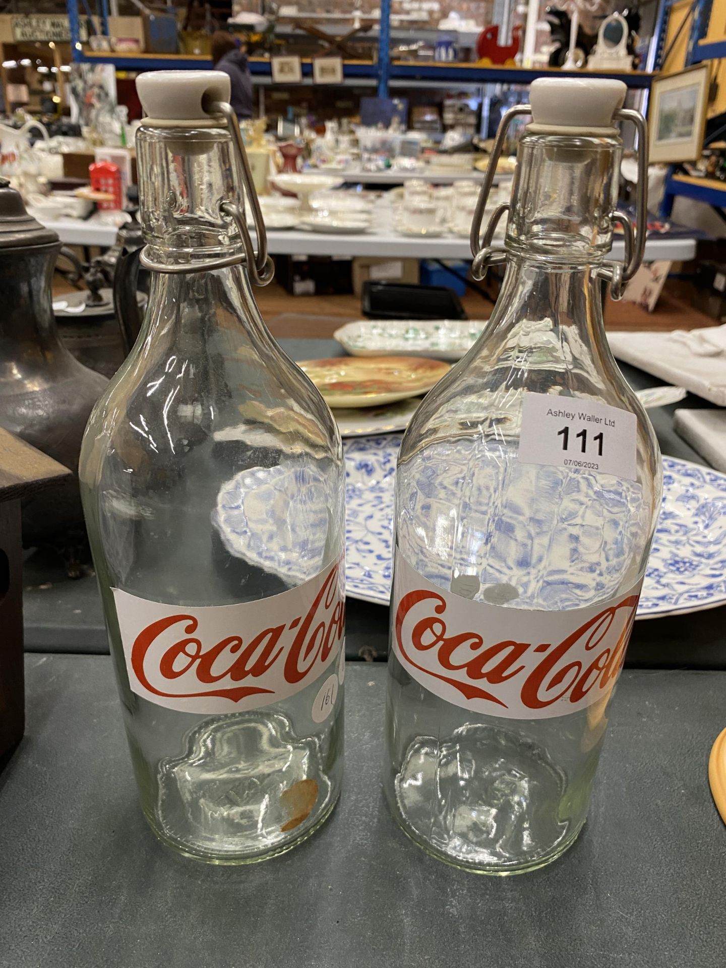 TWO KILNER STYLE BOTTLES WITH 'COCA-COLA' LABELS