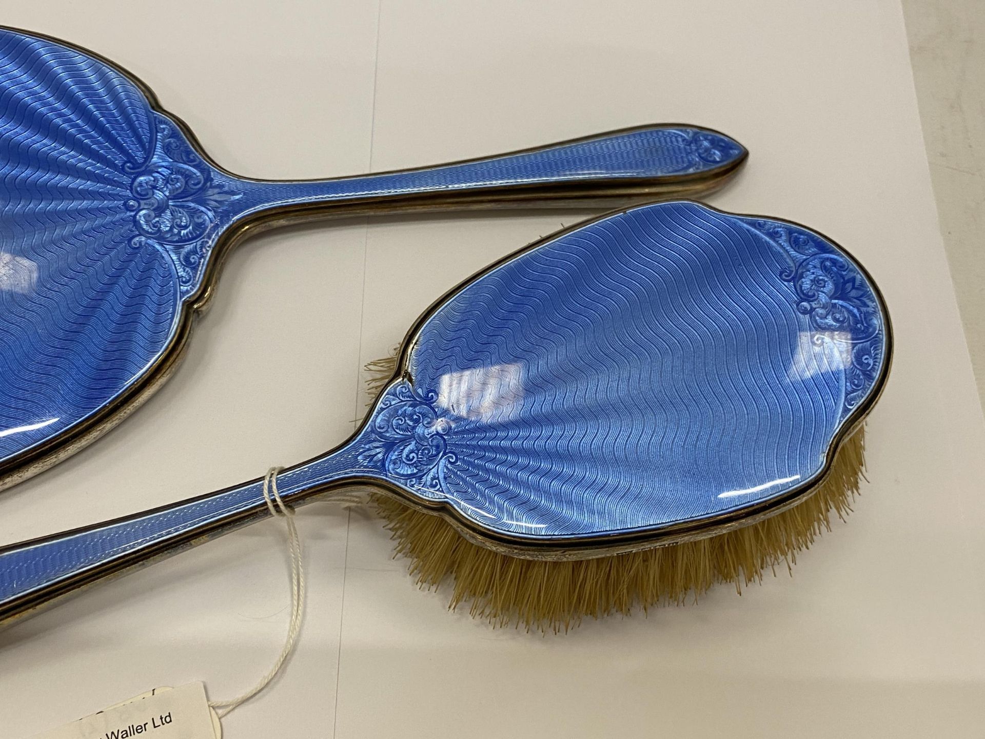 TWO HALLMARKED SILVER ART DECO ENGINE TURNED BLUE ENAMEL DRESSING TABLE ITEMS - BRUSH AND MIRROR - Image 3 of 5