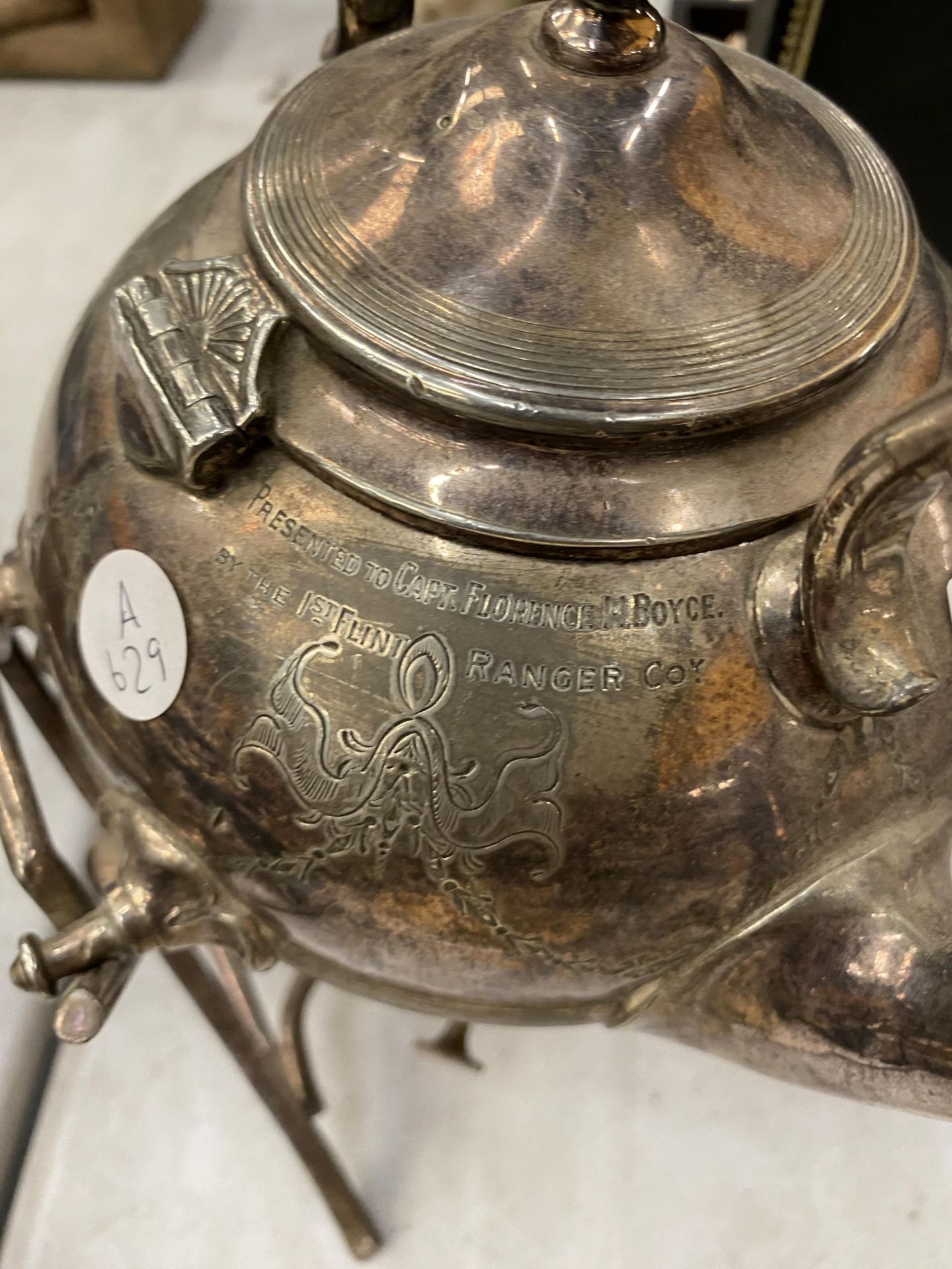 A VINTAGE SILVER PLATED SPIRIT KETTLE PRESENTED TO CAPTAIN FLORENCE M BOYCE ON THE OCCASSION OF - Image 3 of 3