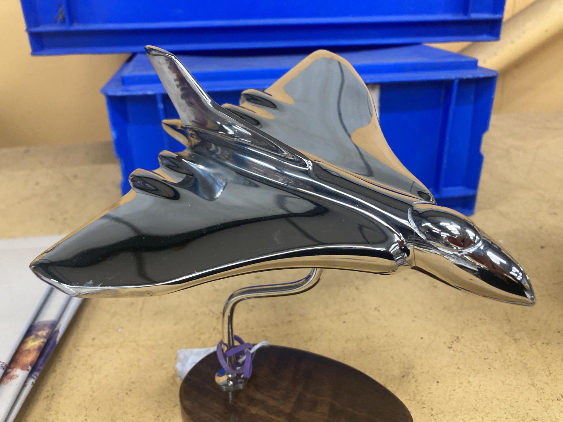 A CHROME VULCAN BOMBER ON A WOODEN BASE - Image 3 of 3