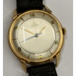 A 1940'S OMEGA BUMPER AUTOMATIC WATCH, YELLOW METAL UNMARKED CASE, WITH NON ORIGINAL BOX, WORKING AT