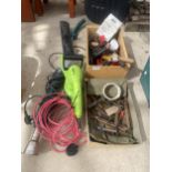 AN ASSORTMENT OF TOOLS TO INCLUDE AN ELECTRIC HEDGE TRIMMER, SPANNERS AND TROWELS ETC