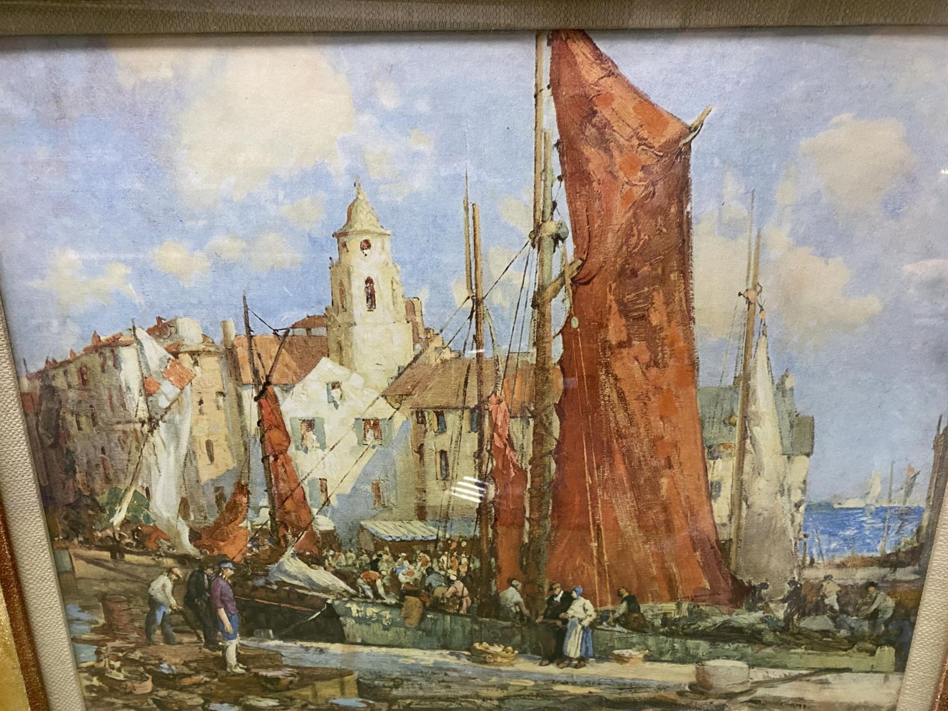 A LARGE GILT FRAMED PRINT OF A BOATING SCENE, UNSIGNED - Image 2 of 2