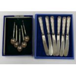 TWO BOXED SILVER ITEMS - FIVE COFFEE SPOONS AND SIX HALLMARKED SILVER HANDLED BUTTER KNIVES