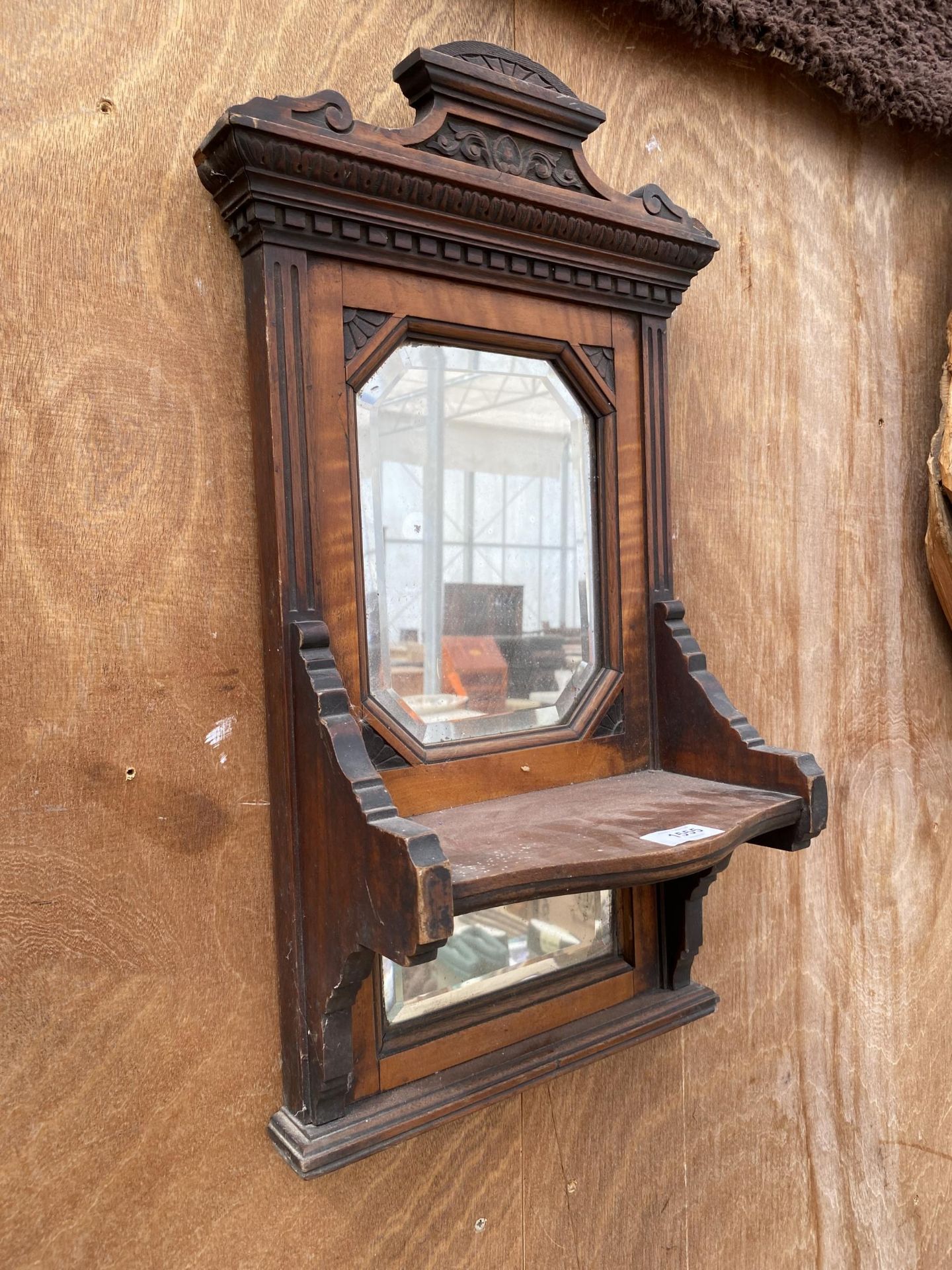 A WOODEN WALL MIRROR WITH LOWER SHELF AND FURTHER LOWER MIRROR - Image 2 of 4