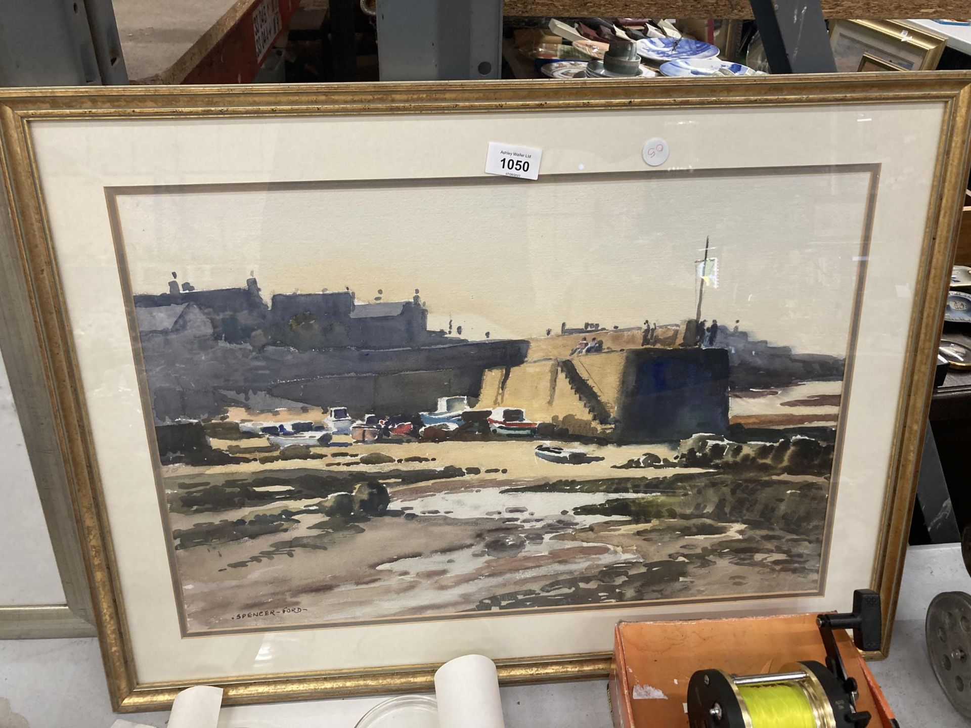 A FRAMED SIGNED WATERCOLOUR BY SPENCER FORD, 'LOW TIDE AT CEMAES BAY, ANGLESEY'