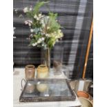 AN ASSORTMENT OF ITEMS TO INCLUDE A MIRRORED TRAY, STONEWARE POTS AND GLASS VASES ETC