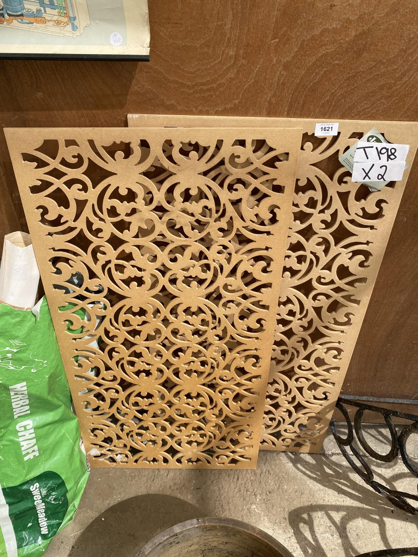 TWO HEAVILY DECORATED MDF PANEL STENCILS