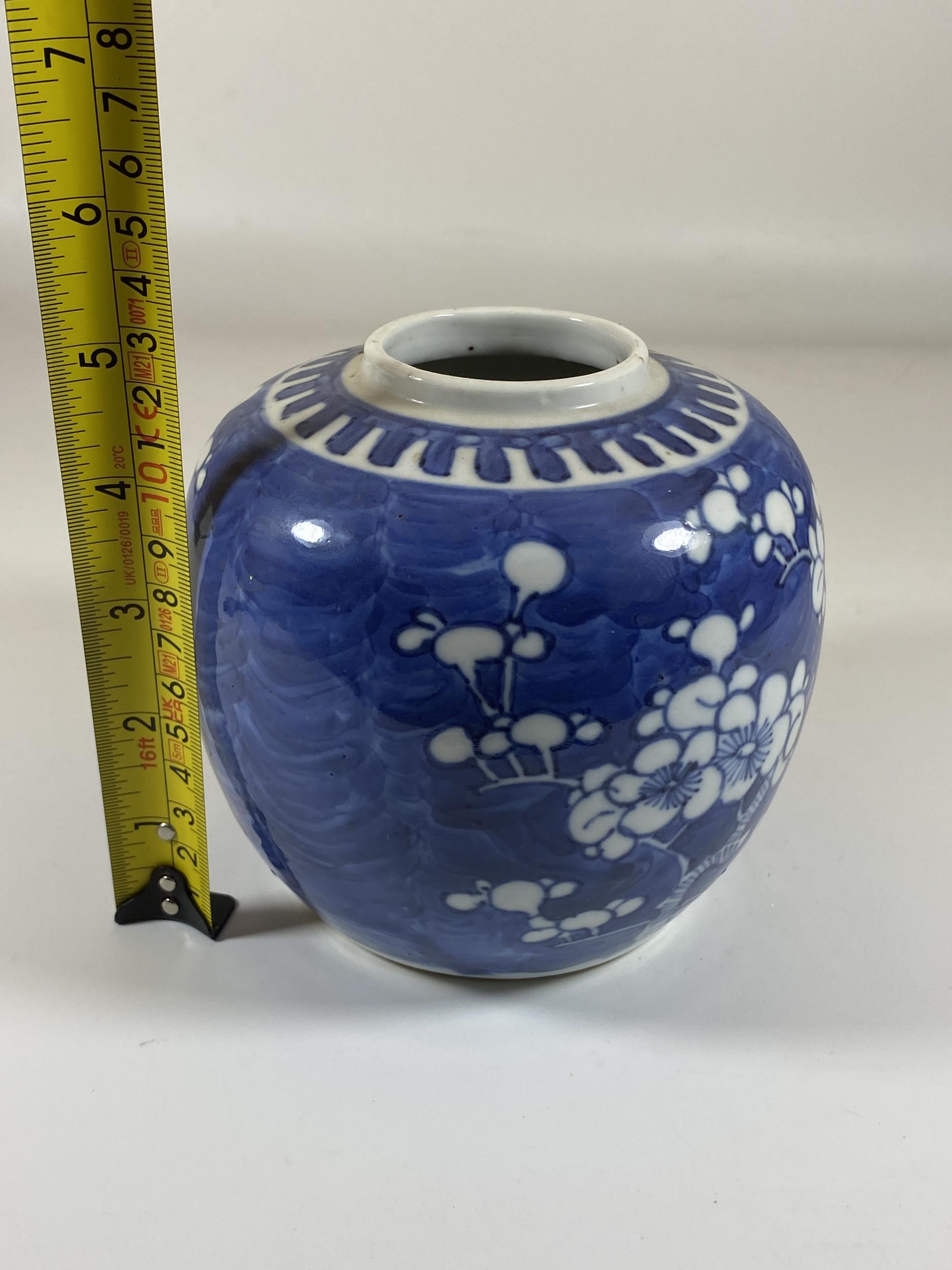 AN EARLY 20TH CENTURY CHINESE BLUE AND WHITE PRUNUS BLOSSOM GINGER JAR, DOUBLE RING MARK TO BASE, - Image 5 of 5