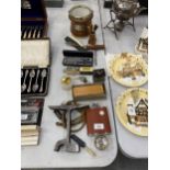 A MIXED VINTAGE LOT TO INCLUDE MATCHBOX HOLDERS, HIP FLASK, WHISTLES, CUT THROAT RAZOR, TABLE