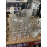 A LARGE QUANTITY OF GLASSES TO INCLUDE WINE, SHERRY, LICQUER, TUMBLERS, DESSERT BOWLS, VASES, ETC