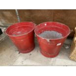 TWO VINTAGE RED PAINTED METAL BUCKETS