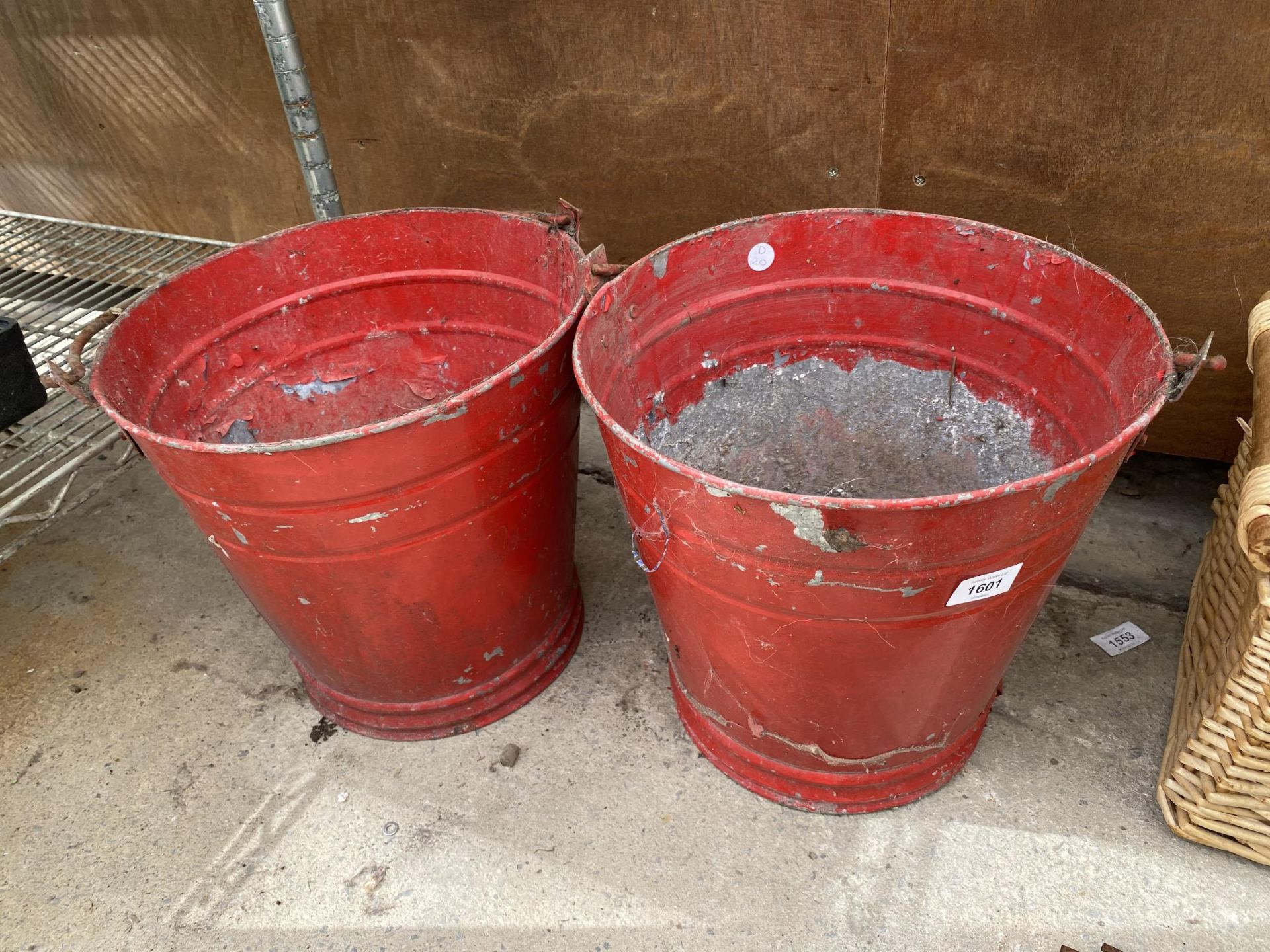 TWO VINTAGE RED PAINTED METAL BUCKETS