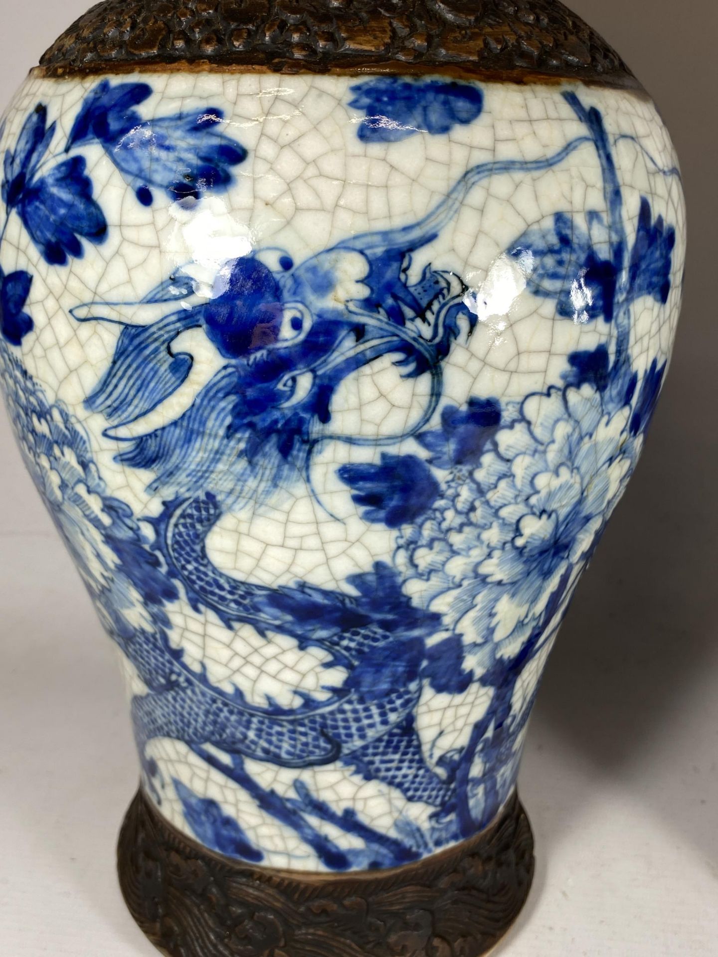 A PAIR OF EARLY 20TH CENTURY CHINESE BLUE AND WHITE CRACKLE GLAZE DRAGON DESIGN VASES, A/F, HEIGHT - Image 2 of 13