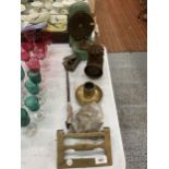 A QUANTITY OF VINTAGE ITEMS TO INCLUDE A SMALL RAILWAY LAMP, PARAFFIN STOVE, CANDLESTICK, SMALL