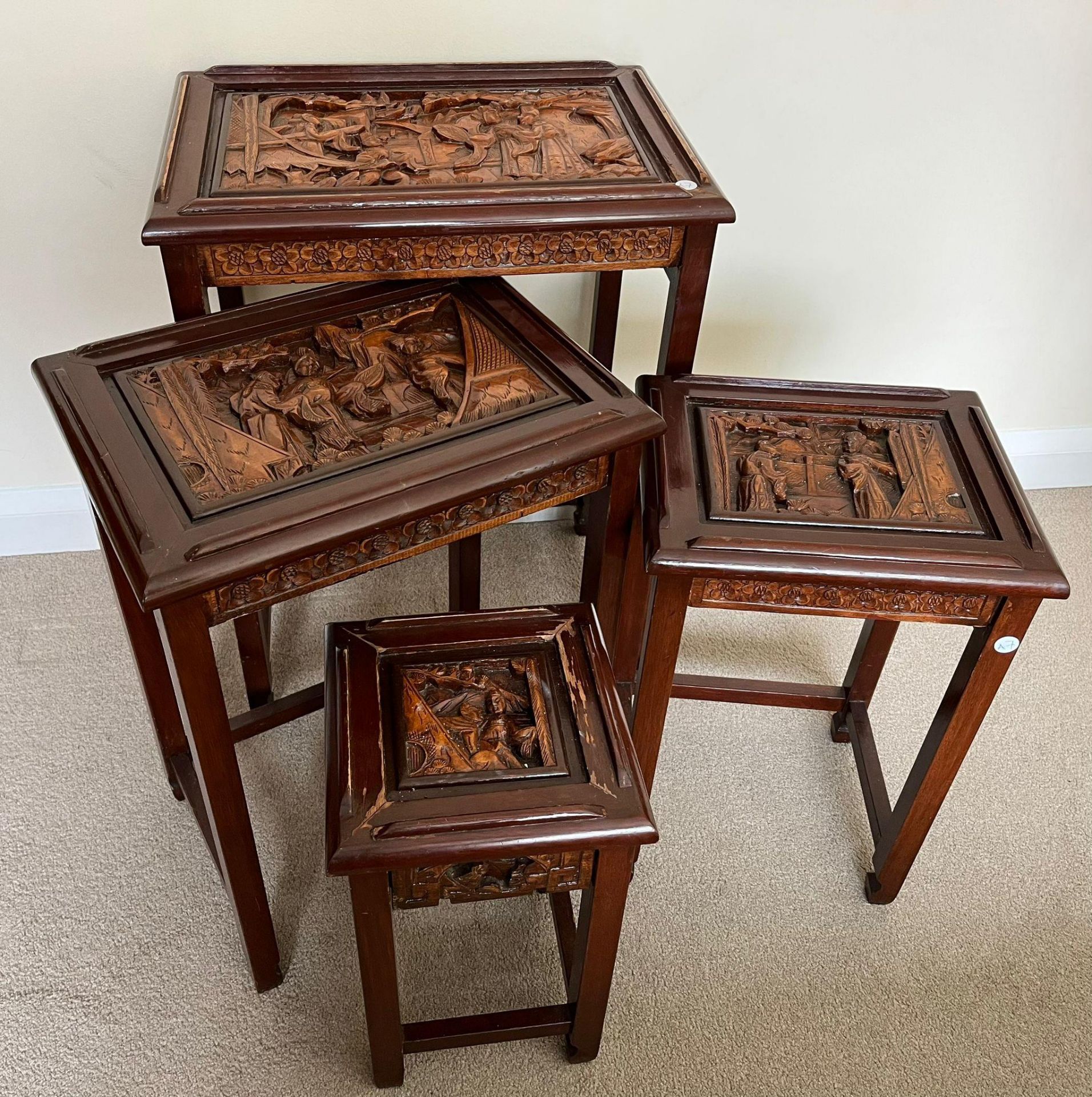 A SET OF FOUR CHINESE CARVED HARDWOOD NEST OF TABLES, THE SMALLEST WITH SINGLE DRAWER - Image 3 of 5